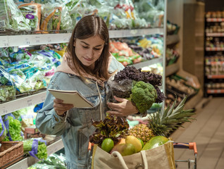 A young woman with a notebook buys groceries in the supermarket.