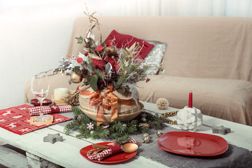 Beautifully decorated Christmas table in the living room.
