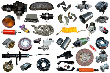 Auto spare parts car on the white background. Set with many isolated items for shop or aftermarket	