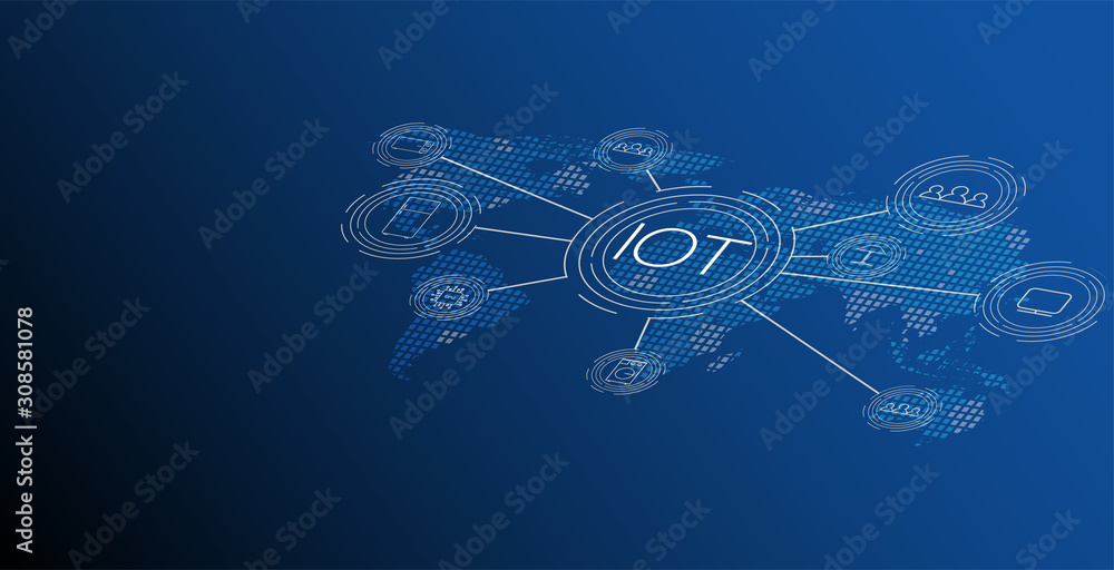 Poster internet of things (iot), devices and connectivity concepts on a network, cloud at center. digital c