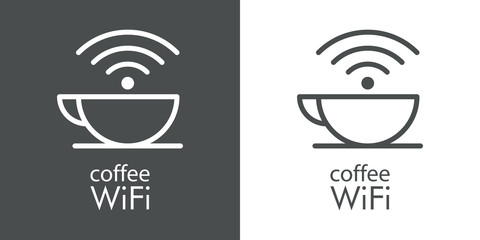Logotipo lineal con texto coffee WiFi con taza con olas en fondo gris y fondo blanco
