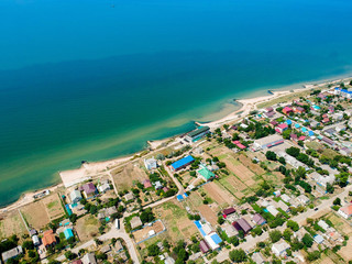 aerial view of small town near the sea