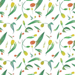 watercolor seamless pattern with red and yellow tupil flower