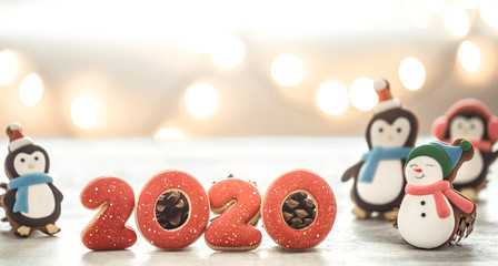 Festive new Year background with lights and gingerbread.