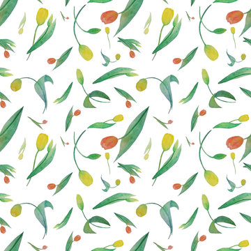 watercolor seamless pattern with red and yellow tupil flower