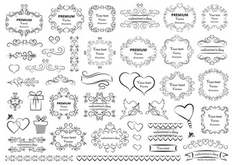 Calligraphic design elements . Decorative swirls and scrolls, vintage frames , flourishes, labels and dividers. Valentine's day special pack design elements. Retro vector illustration.
