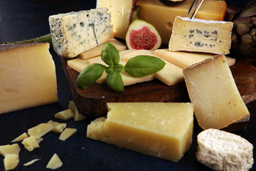 Different sorts of cheese. Cheese platter with different cheese and spice
