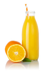 Orange smoothie fruit juice drink straw oranges in a bottle isolated on white