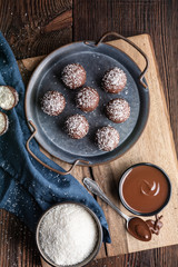 No bake delicious candy, sweet coconut balls dipped in chocolate