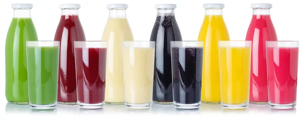 Tuinposter Group of fresh fruit smoothies fruits orange juice drink in glass and bottle isolated on white © Markus Mainka