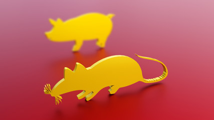 : red Christmas background with chinese horoscope rat and pig for 2020 chinese new year, with gold snowflakes. 3d illustration