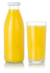 Orange fruit juice smoothie drink in a bottle and glass isolated on white