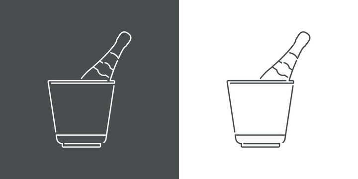 Icono plano lineal cubo con botella de champa&ntilde;a en fondo gris y fondo blanco