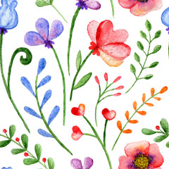 Seamless pattern with watercolor branches, flowers and berries on a white