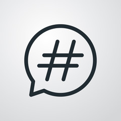 Icono plano lineal símbolo hashtag de red social en burbuja habla en fondo gris