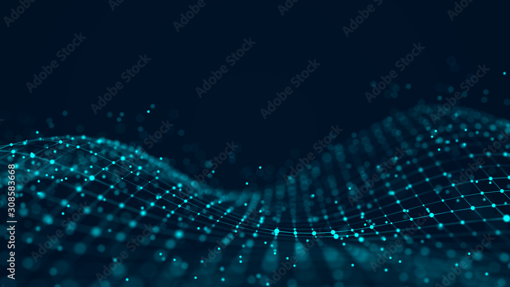 Aufkleber Futuristic abstract mesh. Wave with the connection of luminous points and lines. 3D rendering.