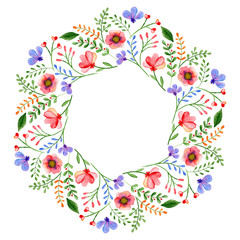 Watercolor wreath. Frame with spring flowers and branches