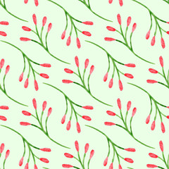 Seamless pattern with watercolor branches and red berries on green background