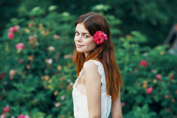 beautiful woman green leaves nature