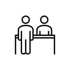 Símbolo recepción. Icono plano lineal mostrador con hombre de pie en color negro