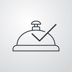 Icono plano lineal campana de recepción de hotel con tilde en fondo gris