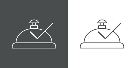 Icono plano lineal campana de recepción de hotel con tilde en fondo gris y fondo blanco