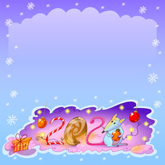 Happy new year cartoon card with space for text. Number 2020 with candies and cute rat on colorful winter background.