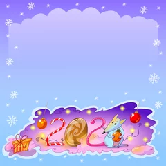 Foto op Plexiglas Happy new year cartoon card with space for text. Number 2020 with candies and cute rat on colorful winter background. © Volha