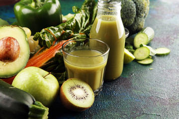 Healthy green smoothie and ingredients - detox and diet for health