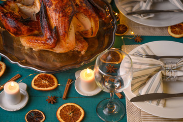 Obraz premium Christmas and New Year. Holiday turkey, on a served table, recipes, horizontal frame