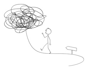 Vector cartoon stick figure drawing conceptual illustration of man or businessman walking on the path or road forward, future is not sure. Business concept of chaos and instability.