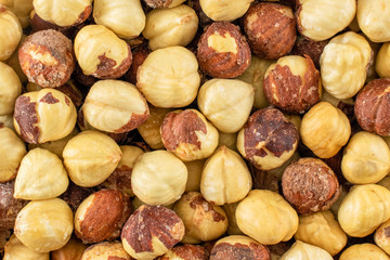 Salted hazelnuts macro shot. Full frame hazelnuts, top view.