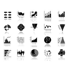 Chart and graph drop shadow black glyph icons set. Pie, Venn diagram. Horizontal, vertical histogram. Scatter, area chart. Pareto curve. Temperature map. Polar watch. Isolated vector illustrations - obrazy, fototapety, plakaty
