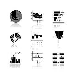 Chart and graph drop shadow black glyph icons set. Horizontal histogram. Area chart. Function curve. Radial diagram. Pareto curve. Figure chart. Data connection, wiring. Isolated vector illustrations