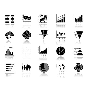 Chart And Graph Drop Shadow Black Glyph Icons Set. Pie, Venn Diagram. Horizontal, Vertical Histogram. Scatter, Area Chart. Pareto Curve. Temperature Map. Polar Watch. Isolated Vector Illustrations