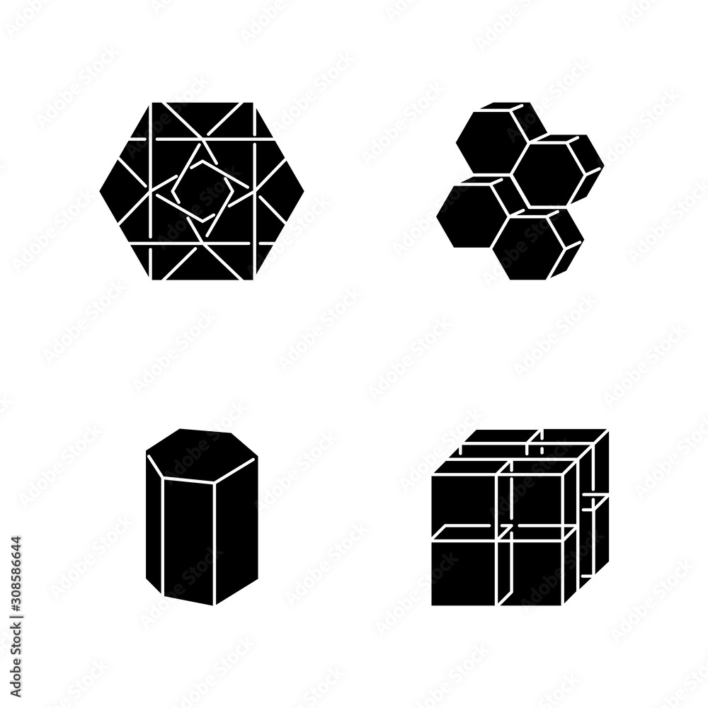 Poster geometric figures glyph icons set. flat hexagon with ornate curves. dimensional combs. prism model. 