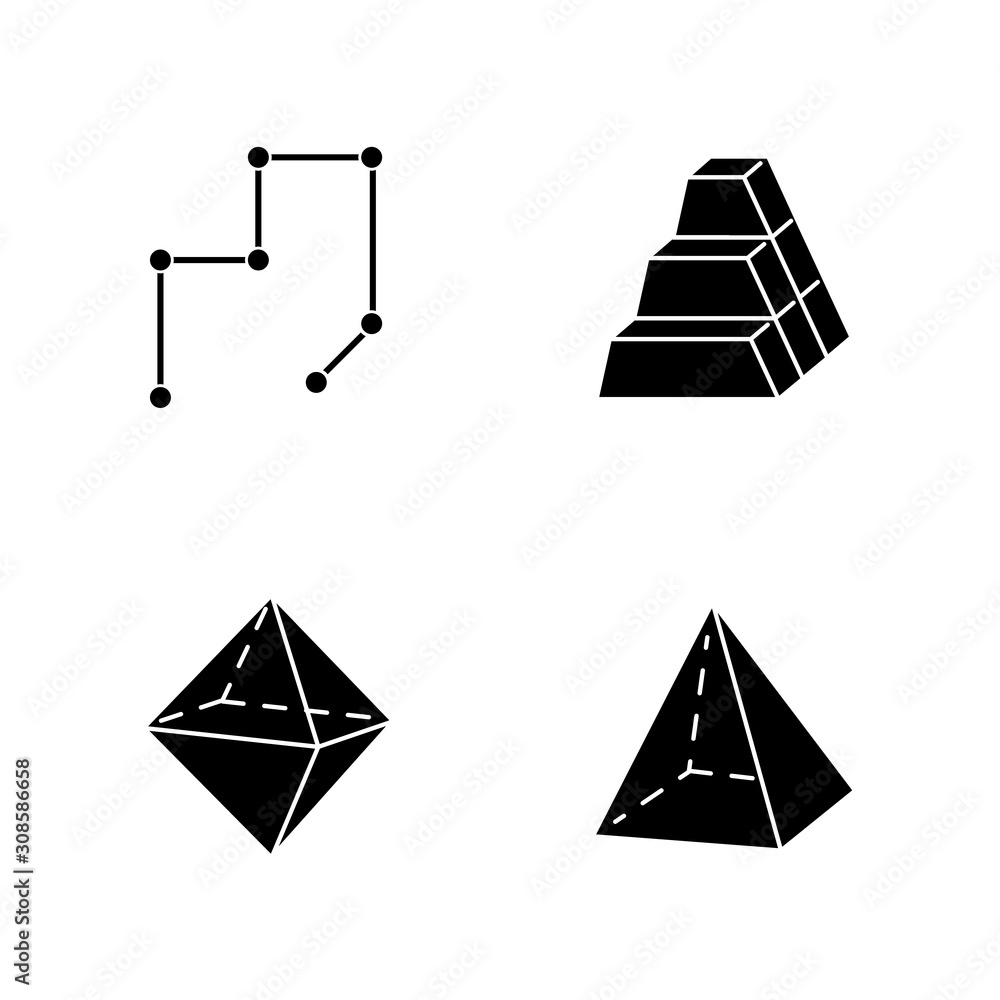 Poster geometric figures glyph icons set. connected lines with points. stock of blocks. pile of bricks. dou