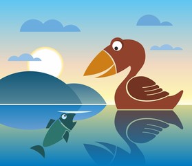 Bird and fish, Flat style, Vector, lake