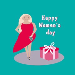 Greeting card for International Women's Day with the inscription Happy Women's Day, a girl and a gift box on turquoise background.Poster for women in flat style. Women's greeting card template.