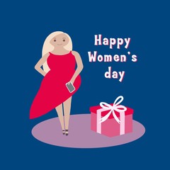 Greeting card for International Women's Day with the inscription Happy Women's Day, a girl and a gift box on classic blue background.Poster for women in flat style. Women's greeting card template.