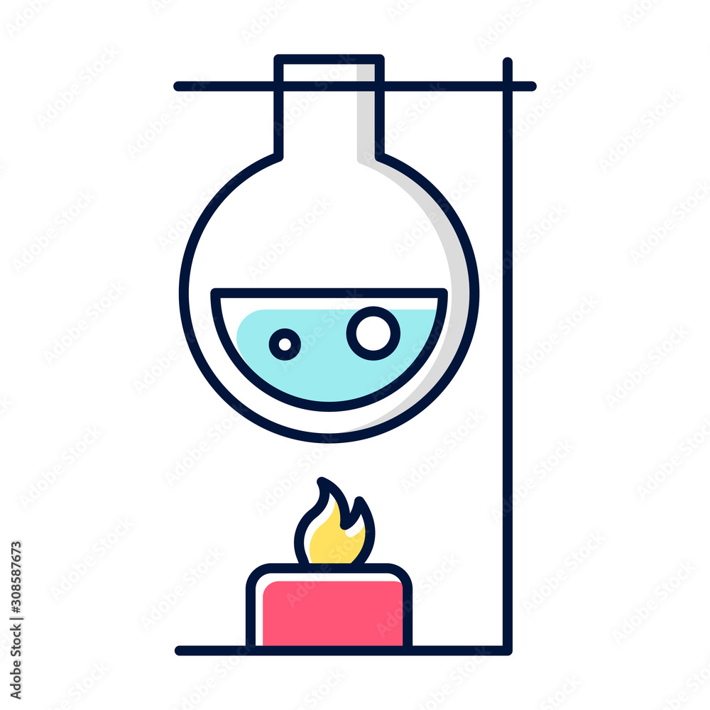 Poster heating laboratory flask with candle color icon. conducting experiment. laboratory work. interaction