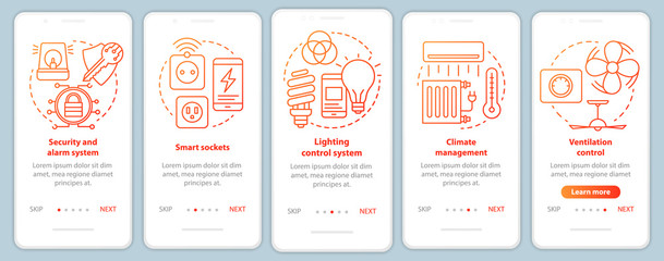 Smart house onboarding mobile app page screen vector template. Home automation system for life comfort. Walkthrough website steps with linear illustrations. UX, UI, GUI smartphone interface concept