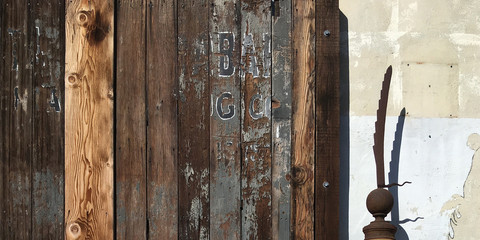 Part of an old building wall with plaster and wood planks and remnant letters