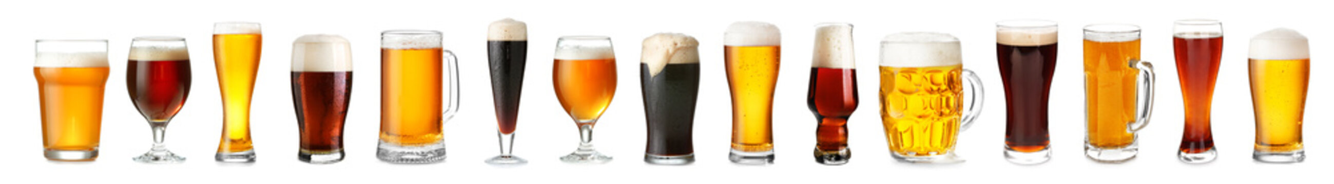 Glassware with fresh beer on white background