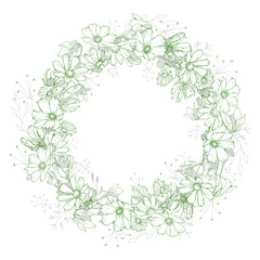 Floral wreath with cute green outline flowers and leaves on white background. Place for text. Hand drawn.Round frame for your design, greeting cards, wedding invitations. Floral stock illustration.