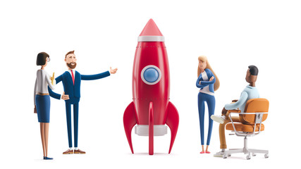 Team developing an innovative product. 3d illustration.  Cartoon characters. Successful startup rocket. © bestpixels