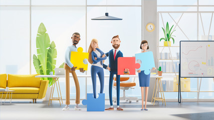 People connecting puzzle elements. 3d illustration.  Cartoon characters. Business teamwork concept on white background.