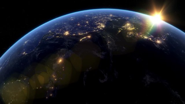 Beautiful Sunset over Asia. City Lights at Night. Planet Earth from Space. View from Space Satellite. 4k 3d Rendering. Images from NASA.