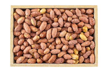 Salted peanuts in wooden box, isolated on white