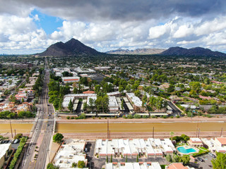 Aerial view of Scottsdale city with small river, desert city in Arizona east of state capital Phoenix. Downtown's Old Town Scottsdale